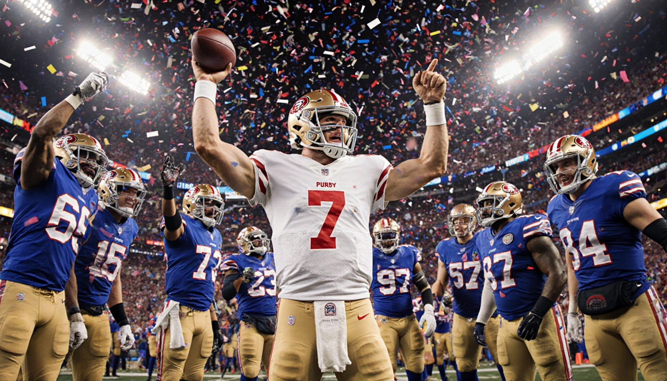 Brock Purdy raises his arms holding a touchdown ball with confetti swirling and 49ers teammates cheering in a packed stadium.