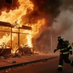 Firefighters rushing toward a flaming bicycle shop with shattered window and orange flames spewing outward.