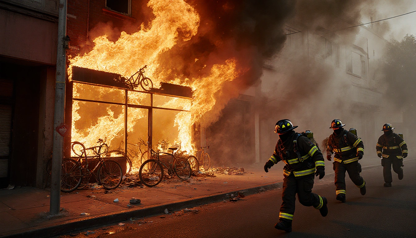 Firefighters rushing toward a flaming bicycle shop with shattered window and orange flames spewing outward.