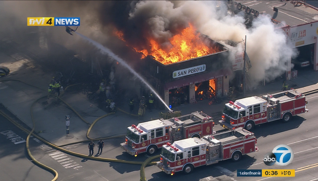 Fire engines spraying water jets at burning bicycle shop with paramedics nearby and a news helicopter hovering overhead.