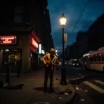 Street performer playing guitar wearing warm clothes with lamppost glow and neon bar lights in dark San Francisco streets
