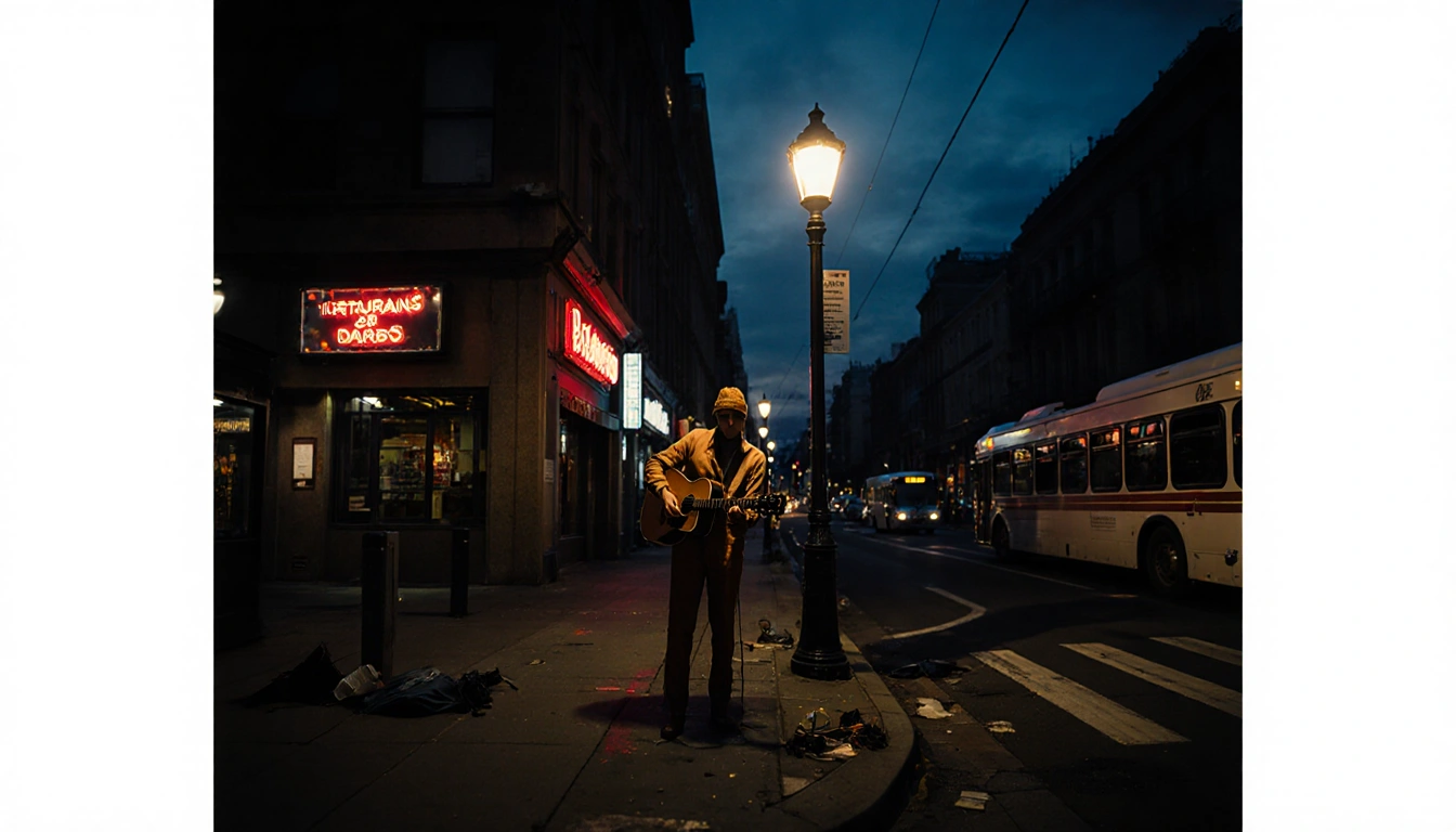 Street performer playing guitar wearing warm clothes with lamppost glow and neon bar lights in dark San Francisco streets