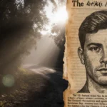 Forensic sketch hides behind yellowed newspaper with misty river trail in background