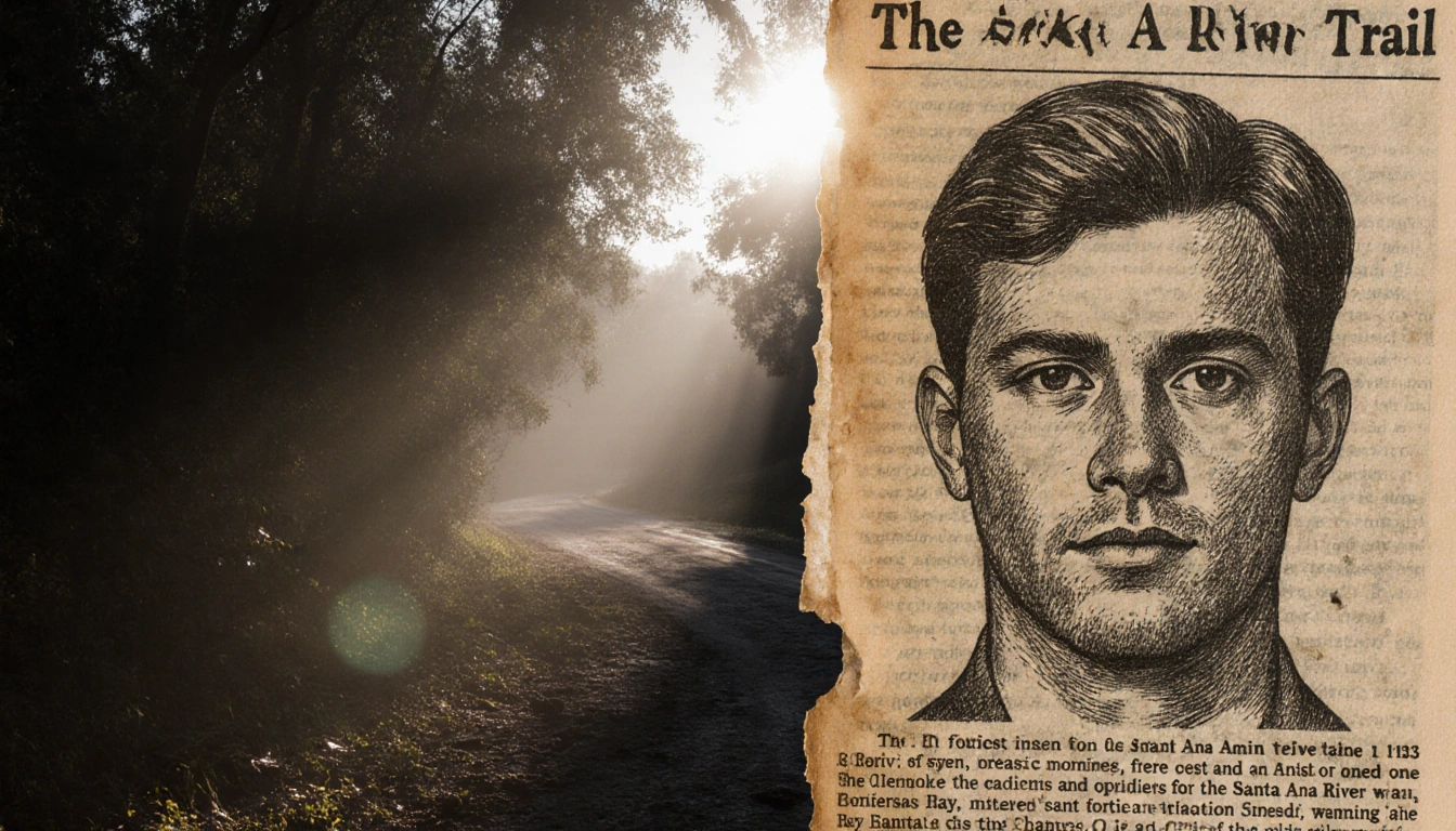 Forensic sketch hides behind yellowed newspaper with misty river trail in background