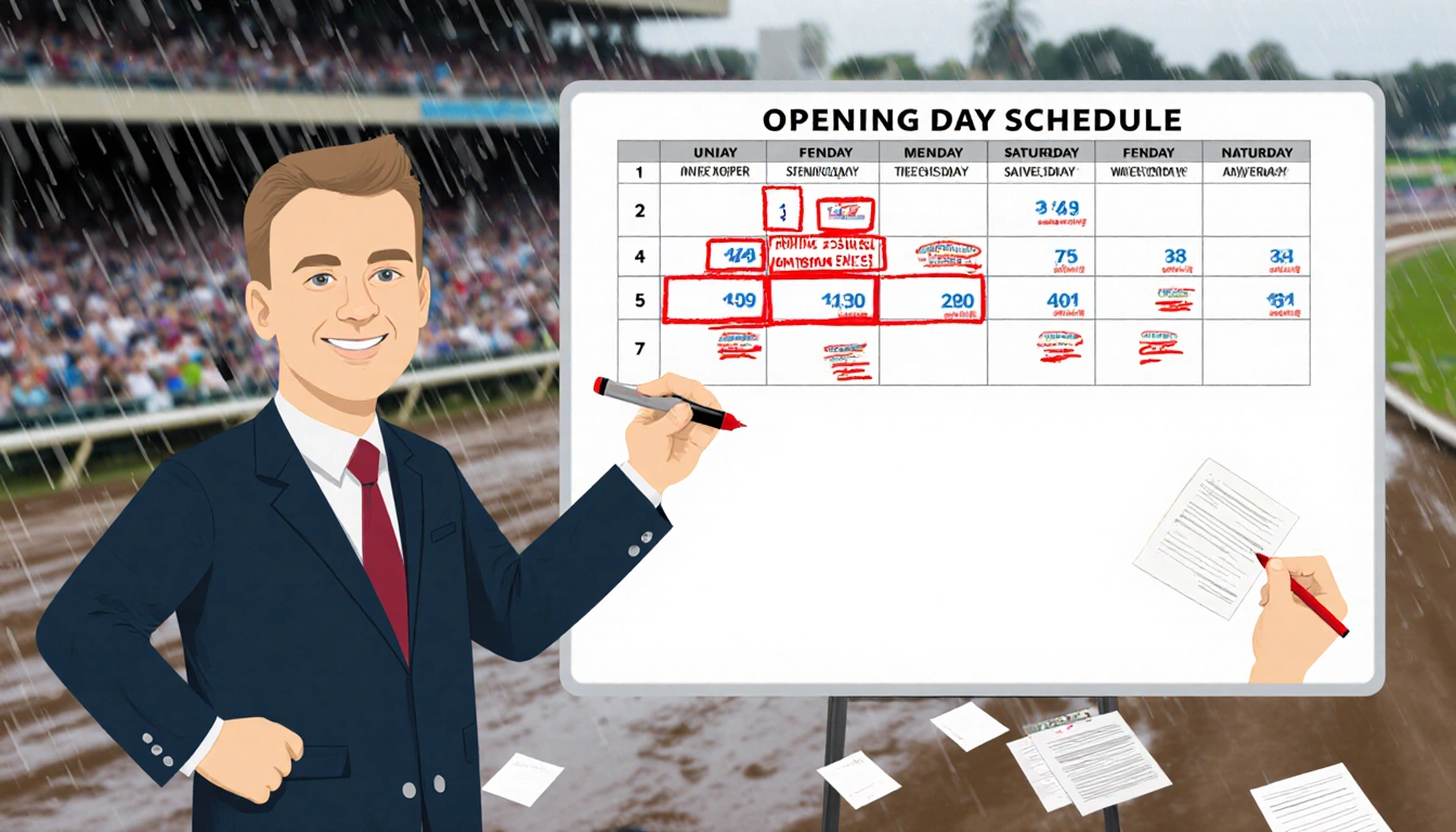 Nate Newby standing in front of a whiteboard with race schedules red marker highlighting opening day on rain-soaked track