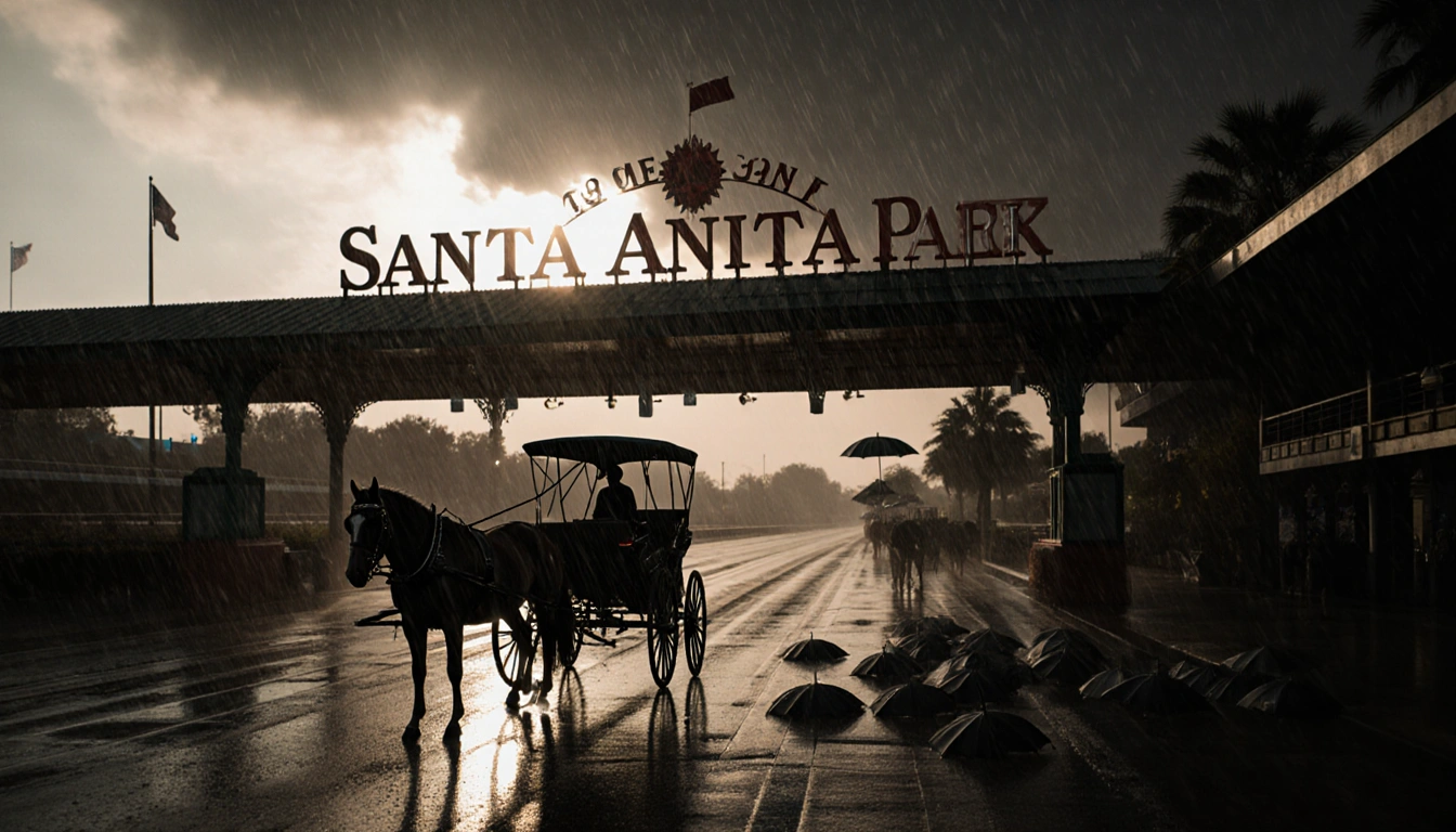 Horse-drawn carriage standing under canopy with rain-soaked umbrellas scattered and wet pavement at Santa Anita Park entrance