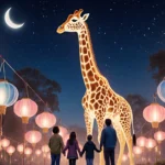 Giraffe dancing among lanterns with family watching under starlit sky in soft moonlight with warm colors
