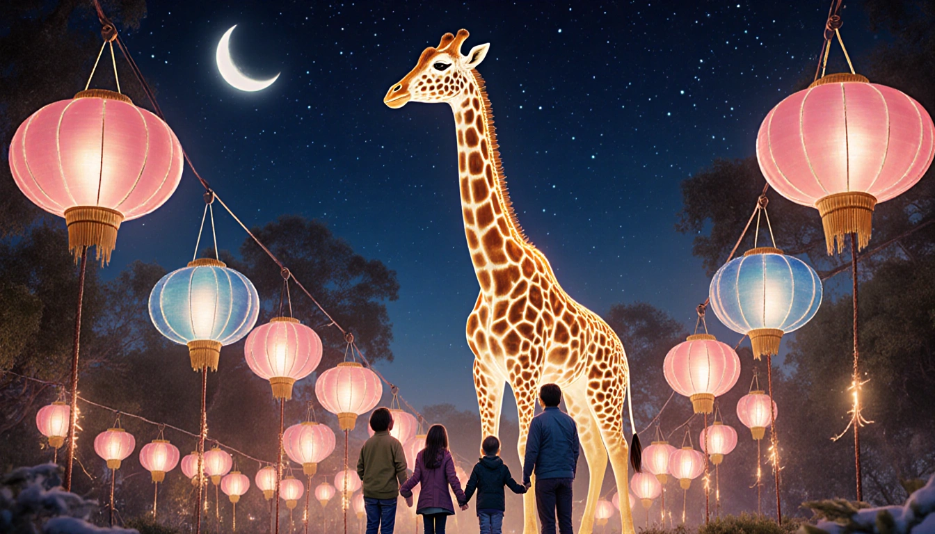 Giraffe dancing among lanterns with family watching under starlit sky in soft moonlight with warm colors