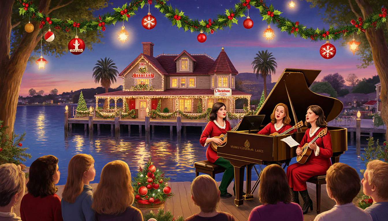 Women singing Christmas carols around piano with festive lights reflecting on Santa's House water at dusk