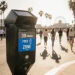 Sleek parking meter records parking time with blue free zone while people stroll amid palm trees and Santa Monica Pier