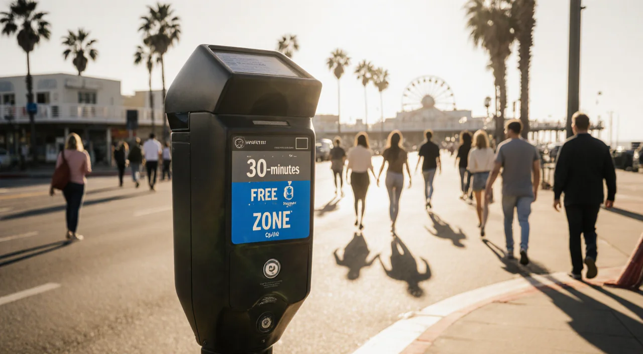 Sleek parking meter records parking time with blue free zone while people stroll amid palm trees and Santa Monica Pier
