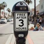 Modern parking meter displaying Free after 3 hours with sunny Santa Monica street and relaxed pedestrians.