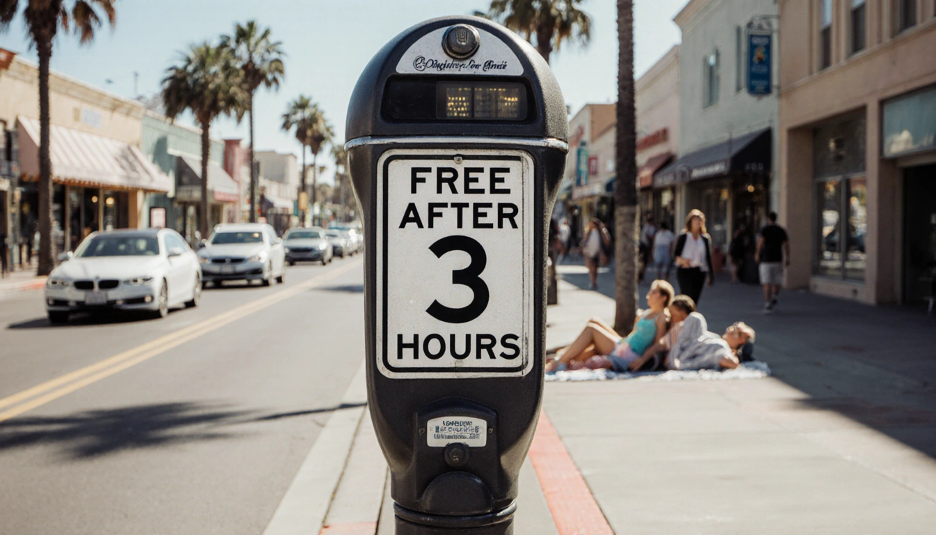 Modern parking meter displaying Free after 3 hours with sunny Santa Monica street and relaxed pedestrians.