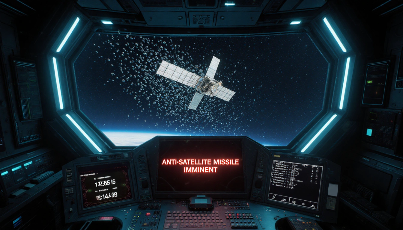 Shrapnel pellets hurtling toward a Starlink satellite with flickering countdown warning and neon lights