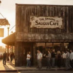 The original Saugus Café exterior glows with golden light and distressed wood as patrons spill onto the sidewalk.