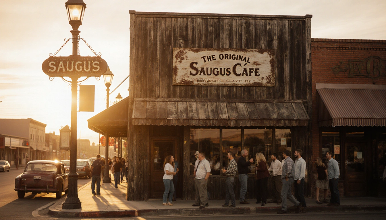 The original Saugus Café exterior glows with golden light and distressed wood as patrons spill onto the sidewalk.