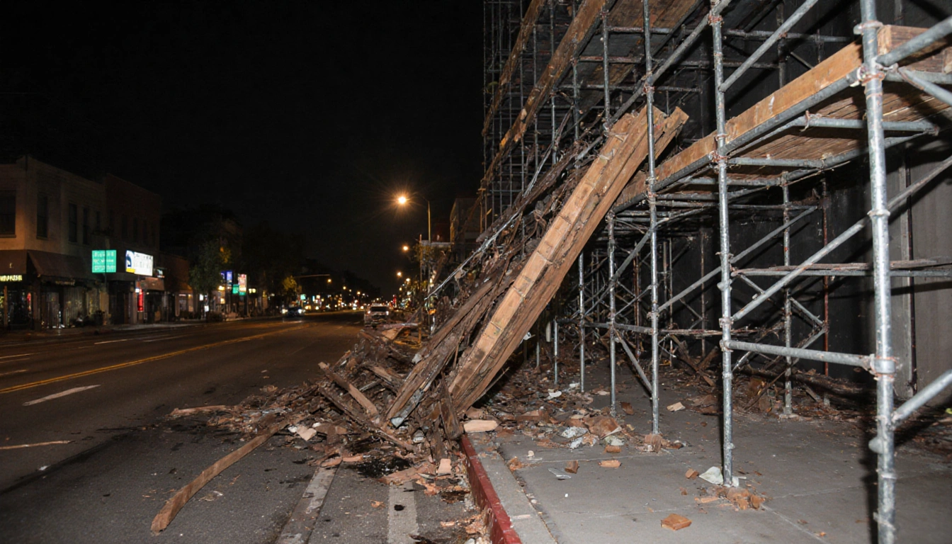 Scaffolding collapses onto La Brea Avenue sidewalk with twisted metal and wooden debris illuminated by streetlights at night