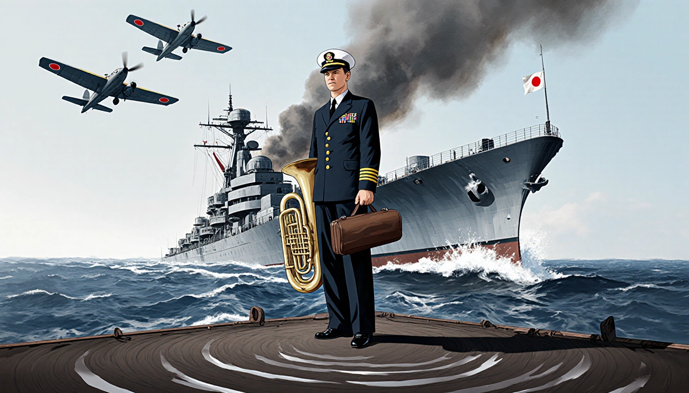 Ira Schab stands on a ship deck holding a tuba case with the USS Utah capsizing sound waves rippling from the hull and Japane