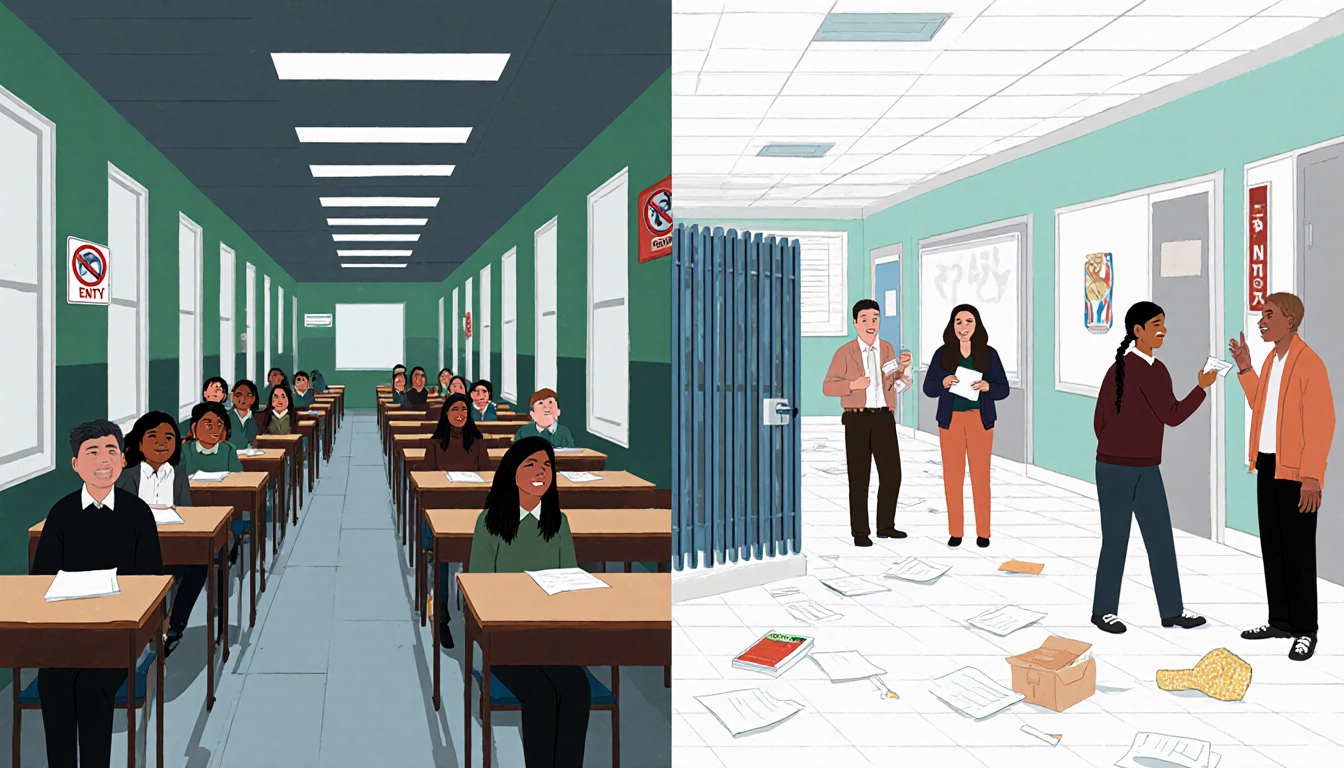 Absent immigrant students sit in empty classrooms with No Entry signs while peers laugh in hallway with teachers