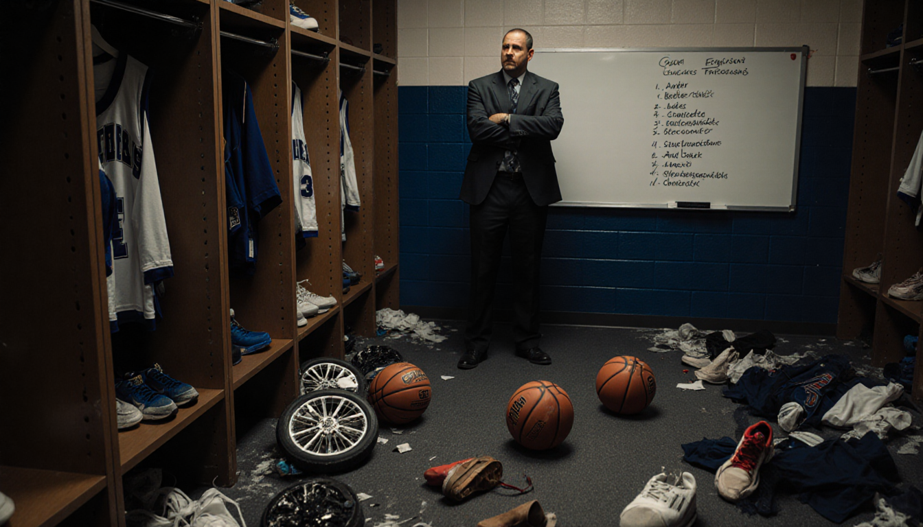 Coach Ferguson stands in a cluttered locker room with stolen basketball gear scattered and a whiteboard listing missing items