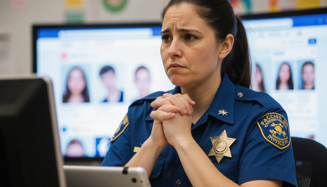 Principal Danielle Coriell holding tablet with skeptical expression clasped against blurred social media screens AI doubt