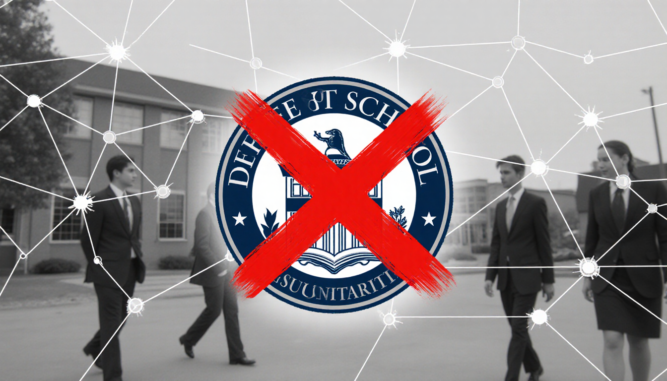 School seal marked with a red X and faint grid overlay with blurred campus in background