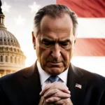 Senate Minority Leader Chuck Schumer stands with hands clasped looking down over an American flag backdrop and the Capitol si