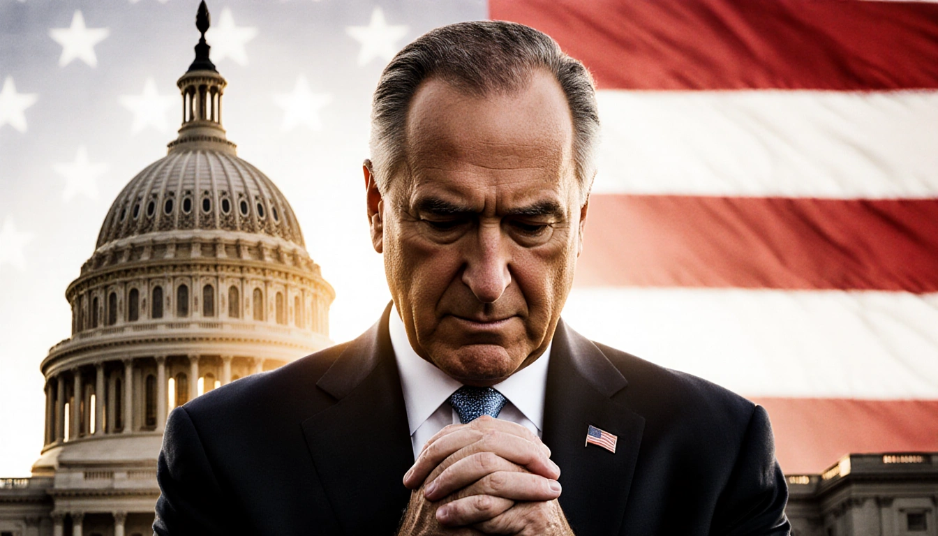 Senate Minority Leader Chuck Schumer stands with hands clasped looking down over an American flag backdrop and the Capitol si