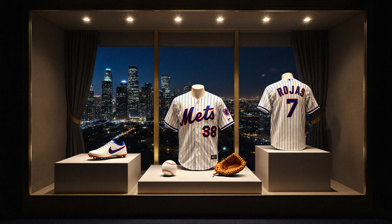 SCP Auctions case displaying Miguel Rojas World Series gear with gold lighting and Los Angeles skyline