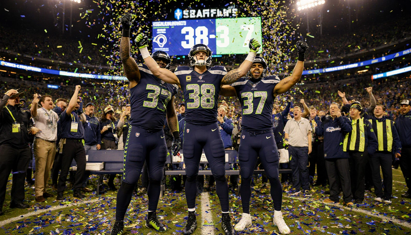 Seattle Seahawks captain Sam Darnold celebrates overtime victory with Jaxon Smith‑Njigba and Eric Saubert in confetti fans