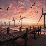 Skeletal wind turbines looming over the beach with sunset sky ablaze and seagulls soaring