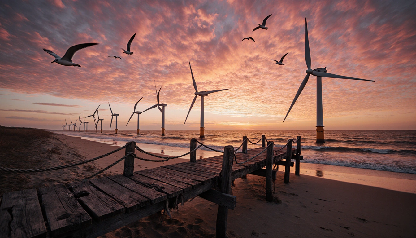 Skeletal wind turbines looming over the beach with sunset sky ablaze and seagulls soaring