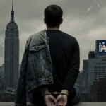 Seated figure with hands cuffed behind back looking up at cityscape with party headquarters and logos under sky