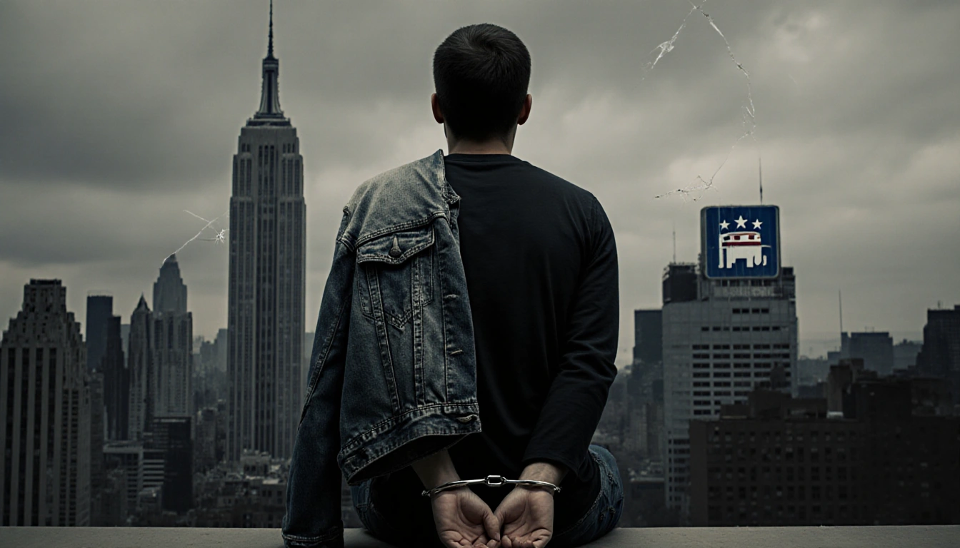 Seated figure with hands cuffed behind back looking up at cityscape with party headquarters and logos under sky