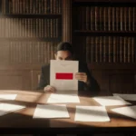 Celebrity face peeks from a redacted document with tall leather‑bound bookshelves in a dimly lit room