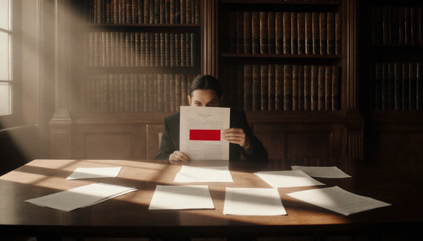 Celebrity face peeks from a redacted document with tall leather‑bound bookshelves in a dimly lit room