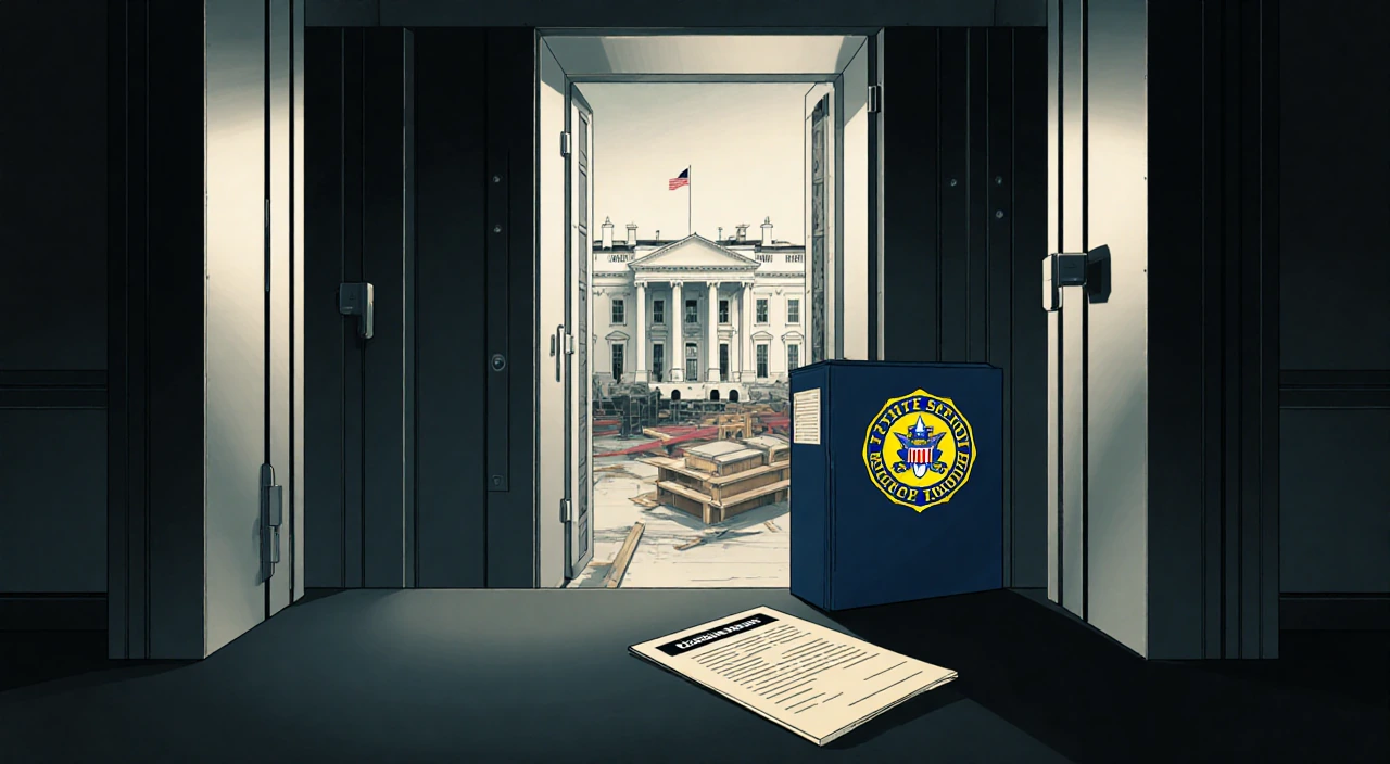Secret Service badge rests on table with folder and metal detector while White House East Wing construction is visible.