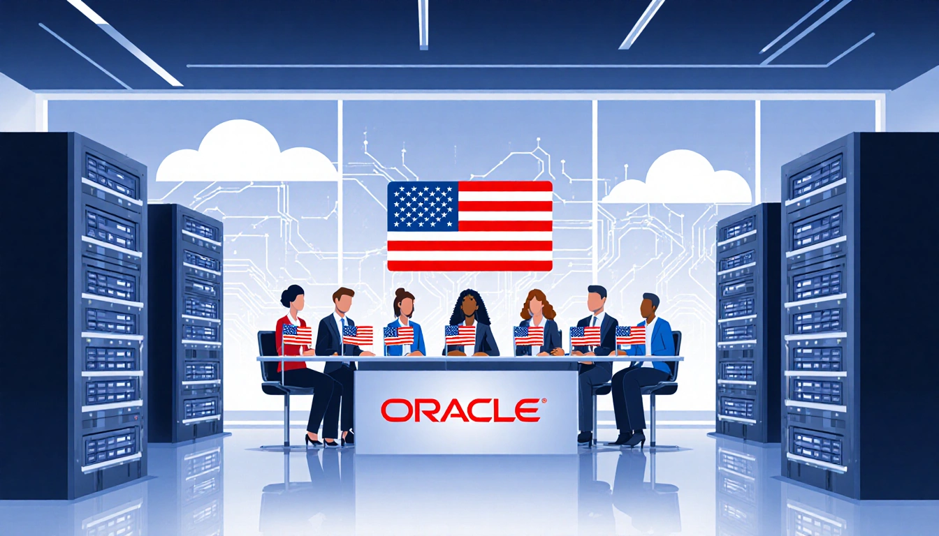 Seven board members meeting in a futuristic server room with a dominant American flag and Oracle logo.