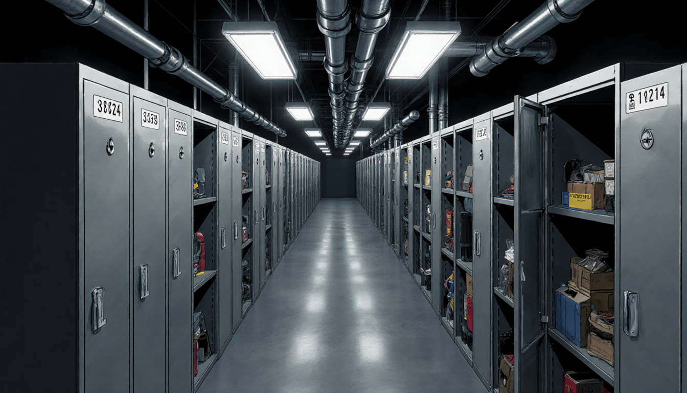 Shelves hold recovered fire items with labeled serial numbers under fluorescent lights in a secure storage facility.
