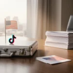 Executive sealing a deal with a silver briefcase and American flag pin on desk and map backdrop