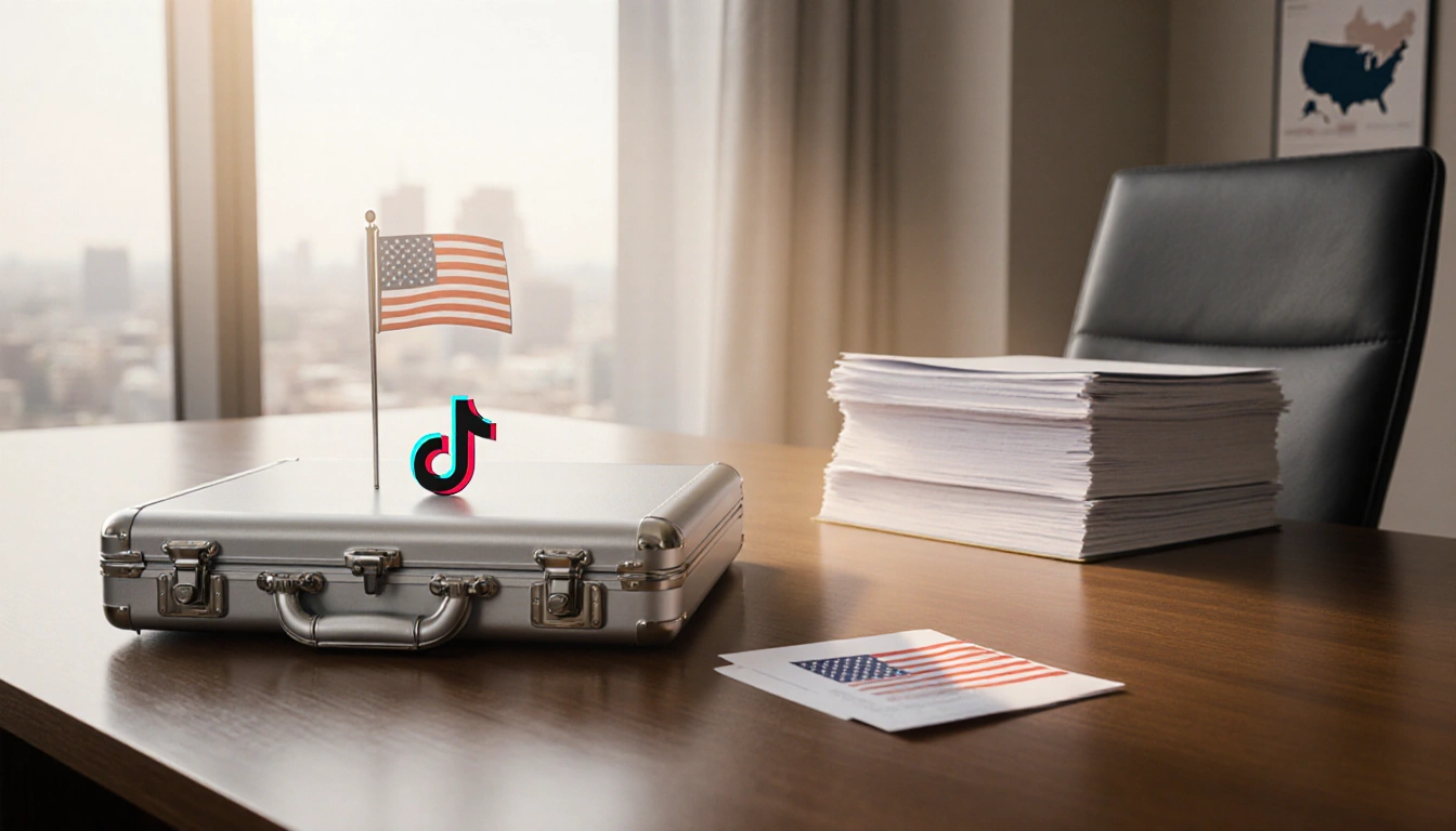 Executive sealing a deal with a silver briefcase and American flag pin on desk and map backdrop