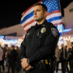 Security guard standing watchfully at a Hanukkah event with a blue white American flag behind him and his hand on his belt