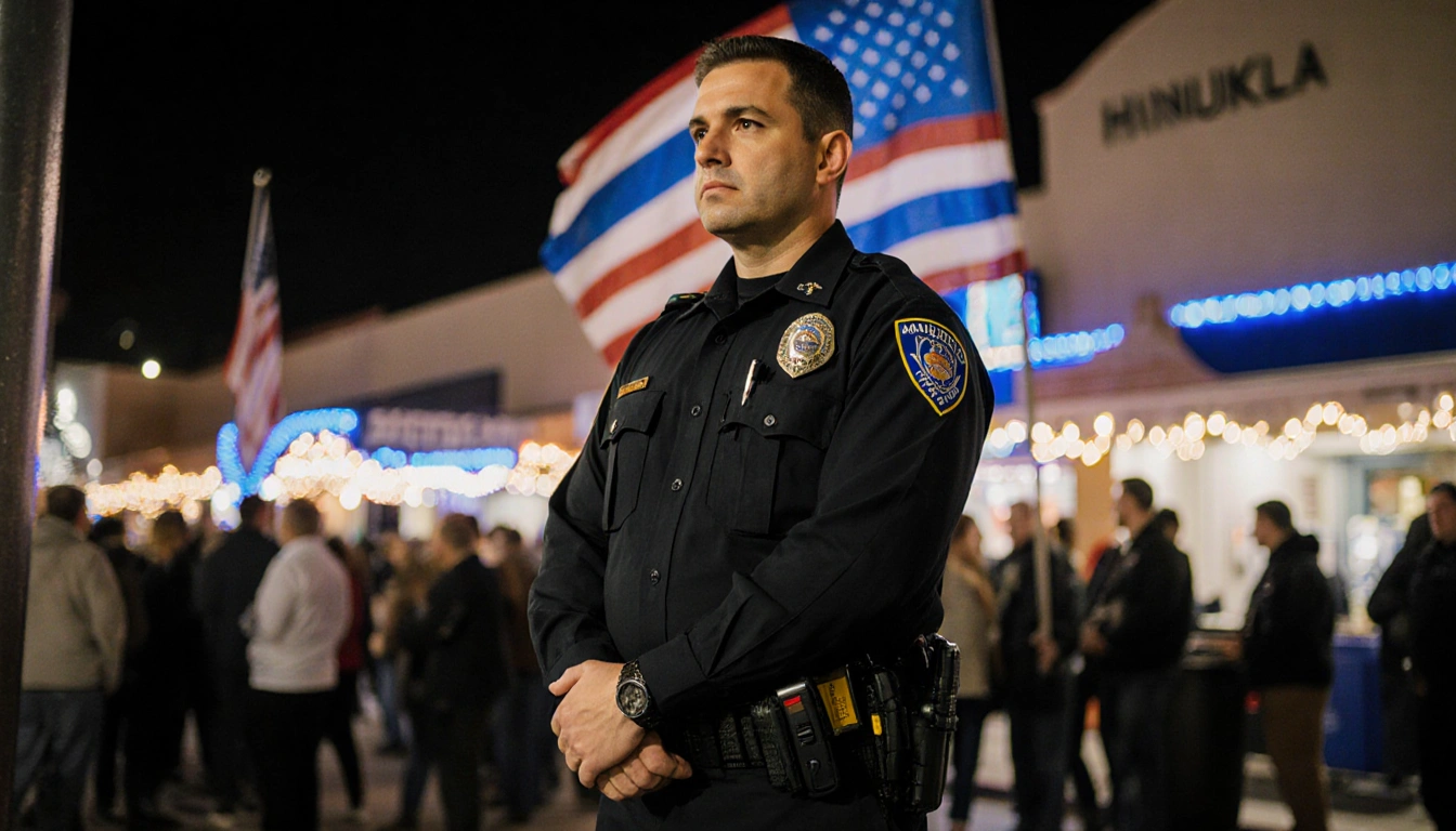 Security guard standing watchfully at a Hanukkah event with a blue white American flag behind him and his hand on his belt