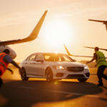 White sedan speeding past planes on airport taxiway with workers in orange and yellow vests under dusk sky