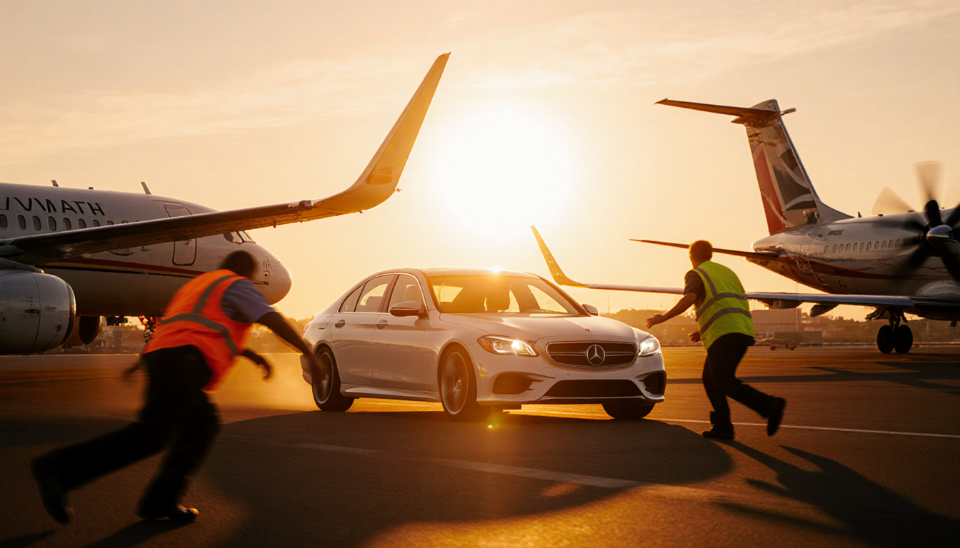White sedan speeding past planes on airport taxiway with workers in orange and yellow vests under dusk sky