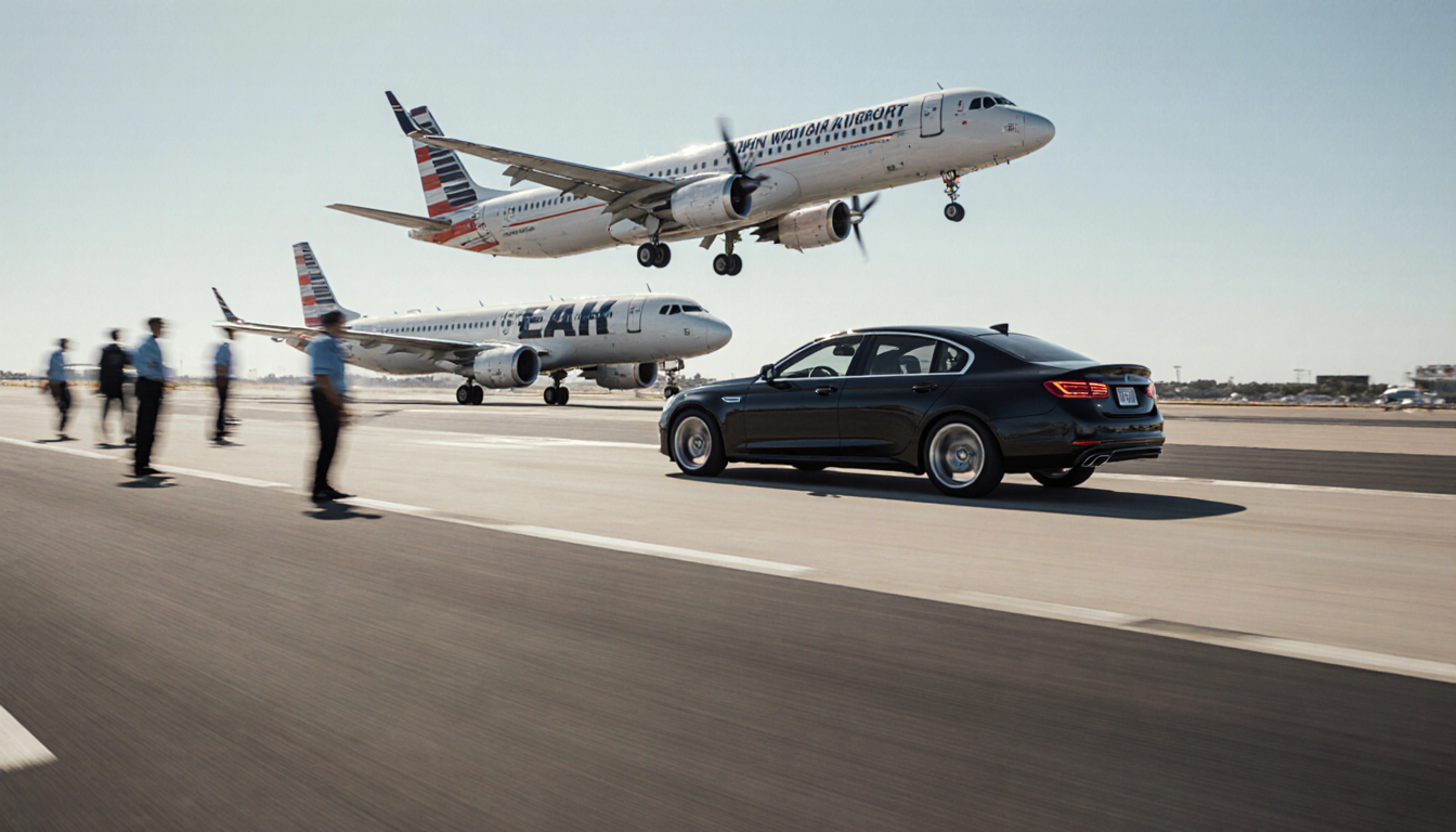 Sedan speeding down a taxiway with blurred wheels and shocked airport employees watching planes taking off.