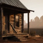 Weathered farmhouse with rifle on porch steps and dead wildflowers under warm dawn light misty mountain peaks in background