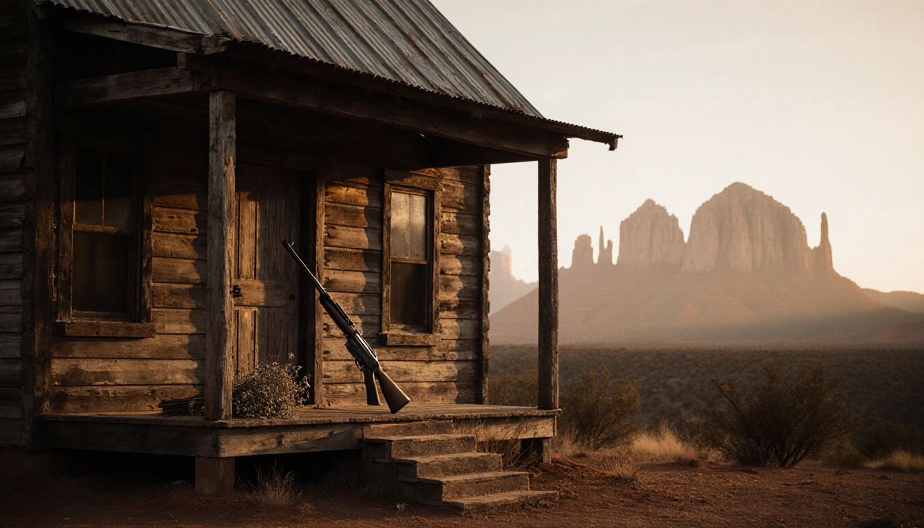 Weathered farmhouse with rifle on porch steps and dead wildflowers under warm dawn light misty mountain peaks in background
