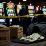 Seized slot machines flashing lights with police tape and officers while a duffel bag spills cash.