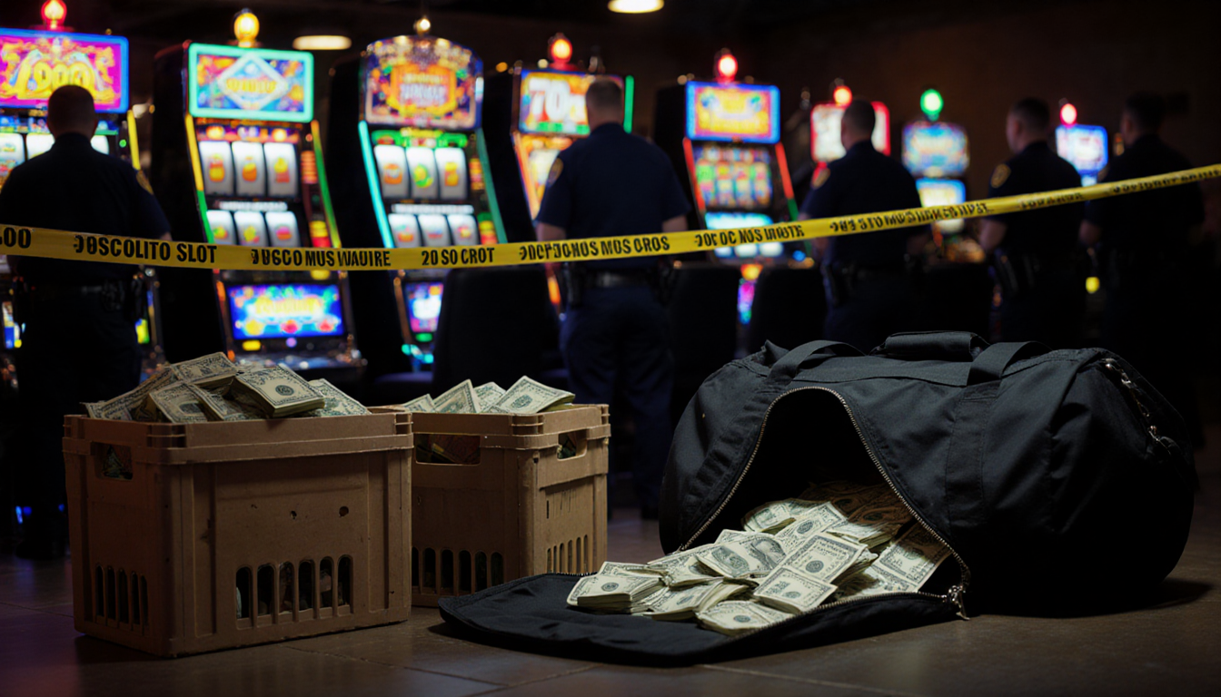 Seized slot machines flashing lights with police tape and officers while a duffel bag spills cash.